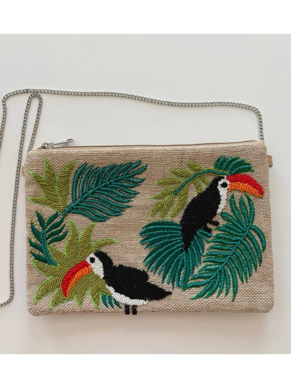 Beaded Toucan Beaded Burlap Clutch Bag 10.25" X 7.5" Savvy NEW NWT